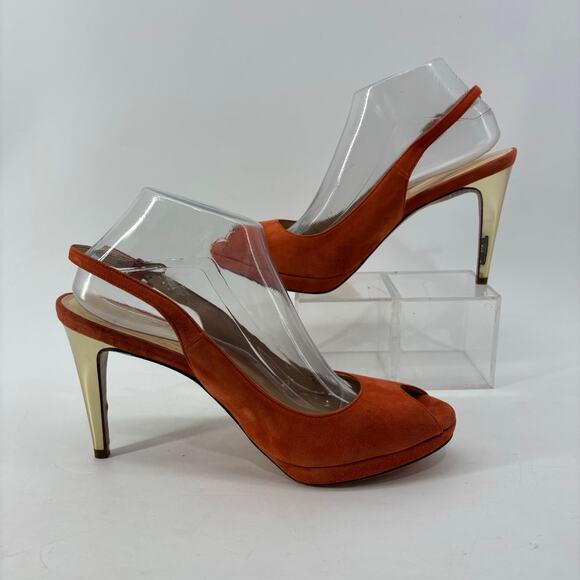 Cole Haan Sz 10.5 Peep Hole Suede Orange Gold Heel Sling Back - Picture 5 of 13